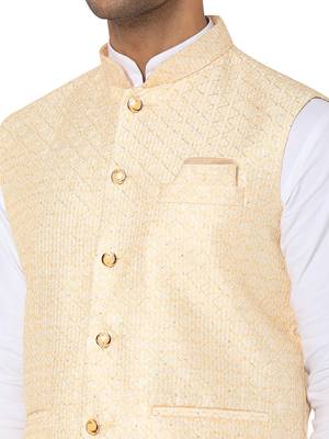 Beige woven art silk nehru-jacket 4