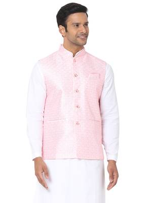 Pink woven art silk nehru-jacket 1