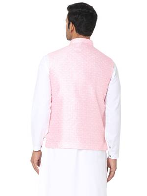Pink woven art silk nehru-jacket 2