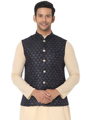 Blue woven art silk nehru-jacket 1