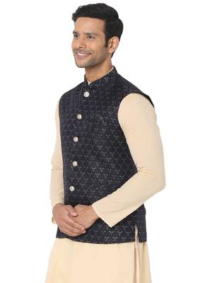 Blue woven art silk nehru-jacket 3