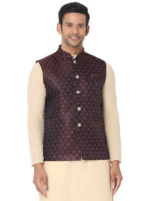 Brown woven art silk nehru-jacket 1
