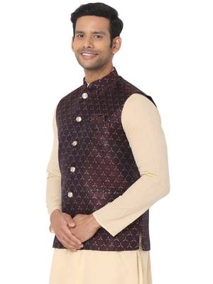 Brown woven art silk nehru-jacket 3