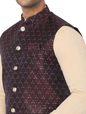 Brown woven art silk nehru-jacket 4