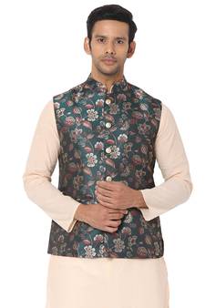 Green woven art silk nehru-jacket