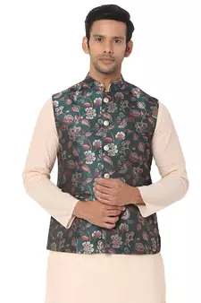 Green woven art silk nehru-jacket
