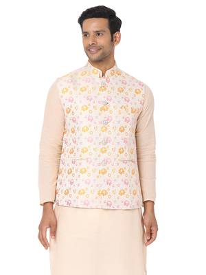 Beige woven art silk nehru-jacket 1
