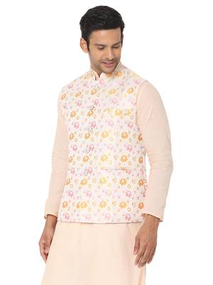 Beige woven art silk nehru-jacket 3