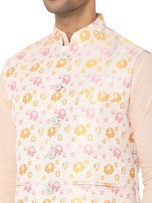 Beige woven art silk nehru-jacket 4