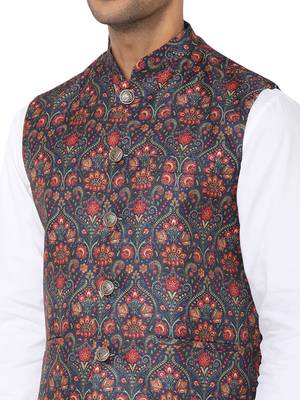 Blue woven art silk nehru-jacket 4
