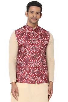 Maroon woven art silk nehru-jacket