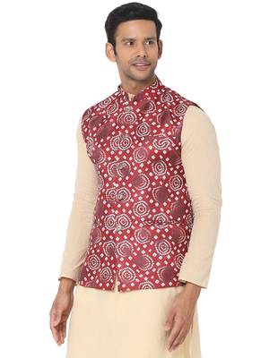 Maroon woven art silk nehru-jacket 3