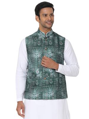 Green woven art silk nehru-jacket 1