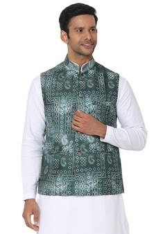 Green woven art silk nehru-jacket