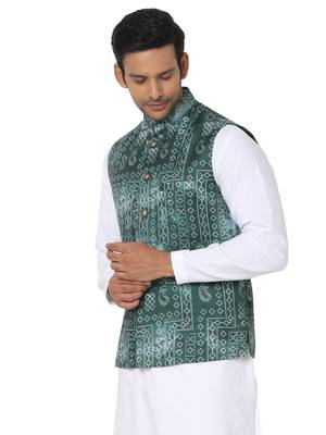 Green woven art silk nehru-jacket 3