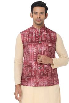 Maroon woven art silk nehru-jacket