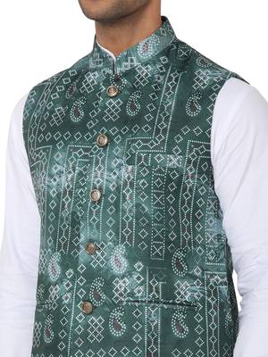 Green woven art silk nehru-jacket 4