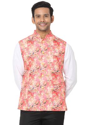 Red woven art silk nehru-jacket 1