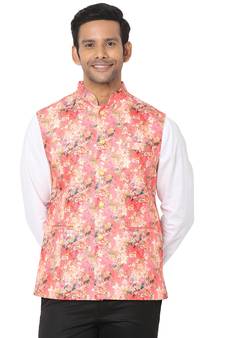 Red woven art silk nehru-jacket