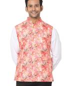 Red woven art silk nehru-jacket