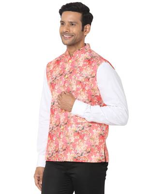 Red woven art silk nehru-jacket 3