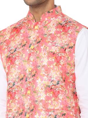 Red woven art silk nehru-jacket 4