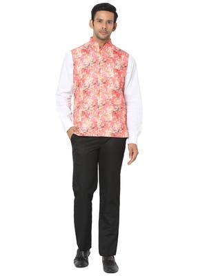 Red woven art silk nehru-jacket 5