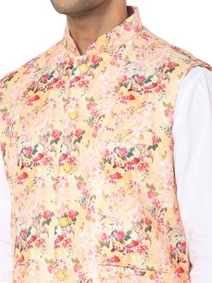 Yellow woven art silk nehru-jacket 4