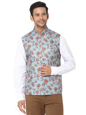 Blue woven art silk nehru-jacket 1