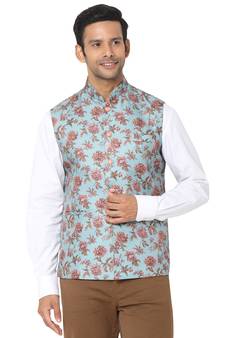 Blue woven art silk nehru-jacket