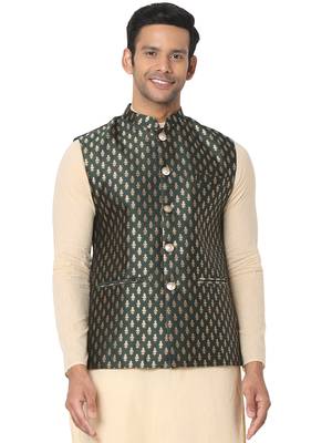 Green woven art silk nehru-jacket 1