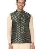 Green woven art silk nehru-jacket