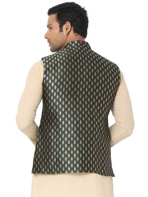 Green woven art silk nehru-jacket 2