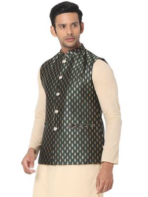 Green woven art silk nehru-jacket 3
