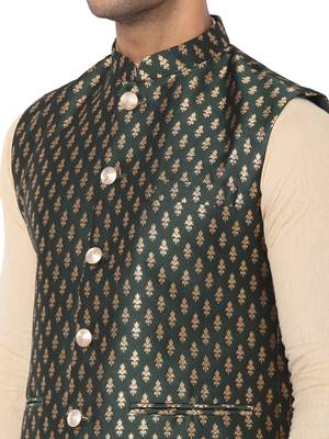 Green woven art silk nehru-jacket 4