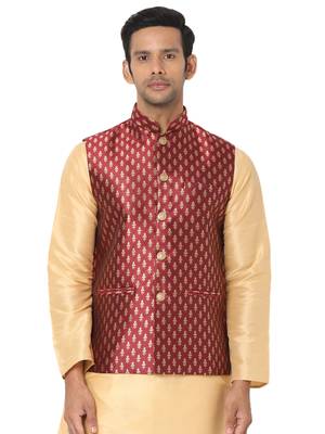 Maroon woven art silk nehru-jacket 1