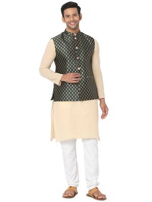 Green woven art silk nehru-jacket 5