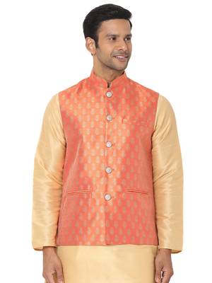 Orange woven art silk nehru-jacket 1