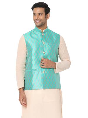 Blue woven art silk nehru-jacket 1