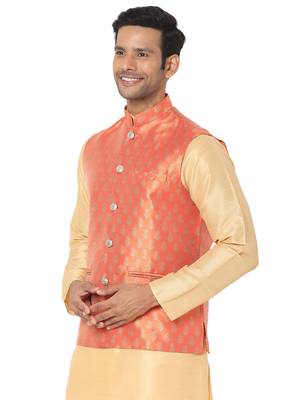 Orange woven art silk nehru-jacket 3