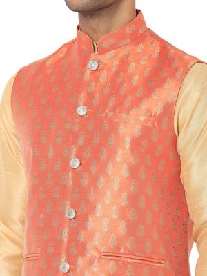 Orange woven art silk nehru-jacket 4