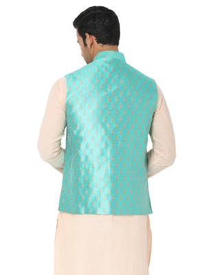 Blue woven art silk nehru-jacket 2