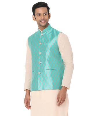 Blue woven art silk nehru-jacket 3