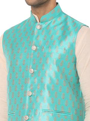 Blue woven art silk nehru-jacket 4