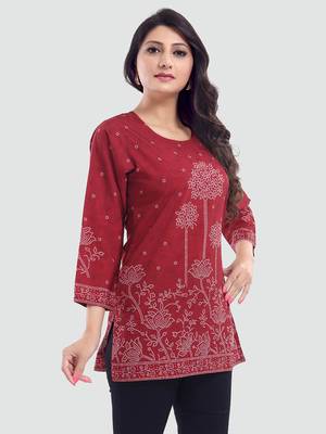 Red printed crepe short-kurtis 2