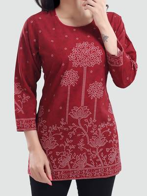 Red printed crepe short-kurtis 4