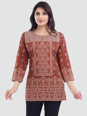 Brown printed crepe short-kurtis 1