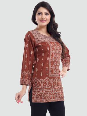 Brown printed crepe short-kurtis 2