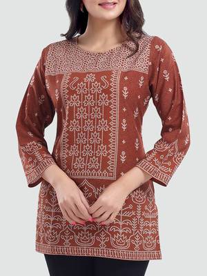 Brown printed crepe short-kurtis 4