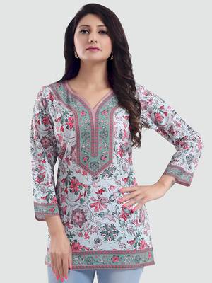 Cream printed crepe short-kurtis 1